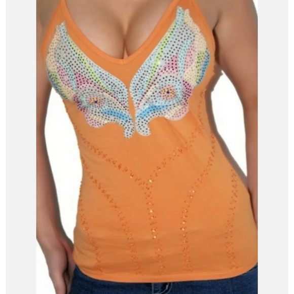 Orange Glam Embellished Butterfly tank top S-L new - Picture 4 of 5